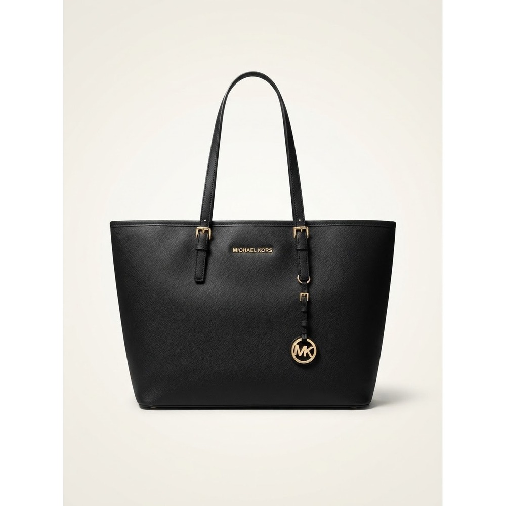 Michael Kors Women Tote Large Black Saffiano Leather Jet Set Travel Logo‎ Charm